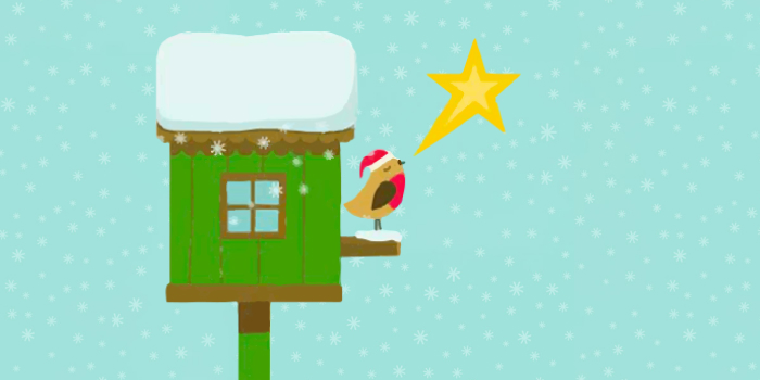 Illustration of a Christmas-dressed bird in a birdhouse on a snowy background