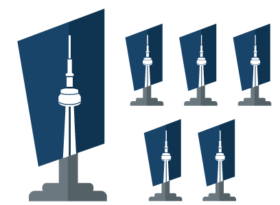 Illustration of a stylized group of trophies with the CN Tower on them, with one large, featured trophy