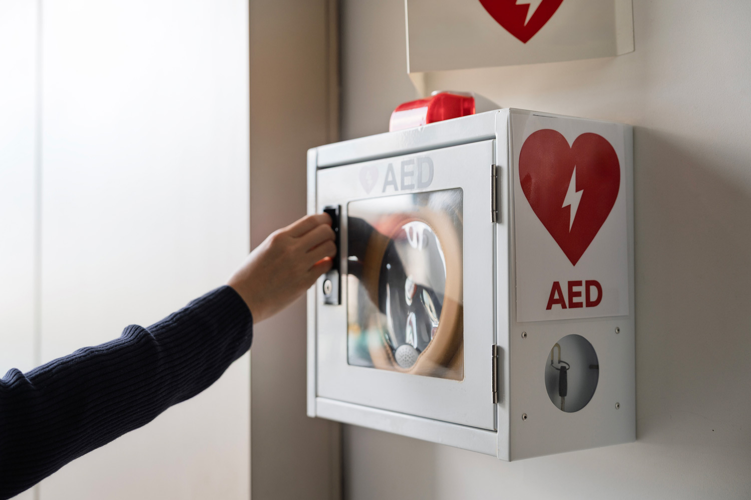 An AED on a wall