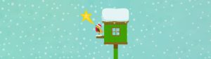 An illustration of a birdhouse with a bird out front, on a snowy background