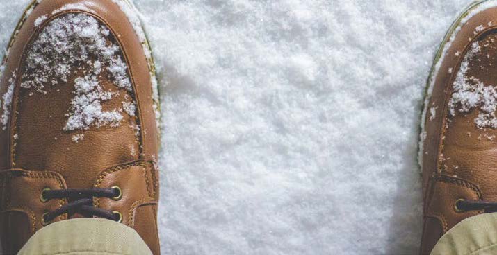 Close up of brown shoes in the snow