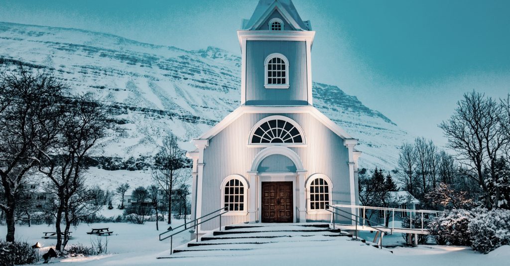 Front of a church in the winter