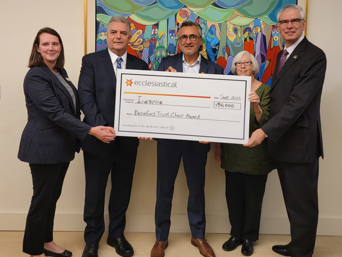 Cheque presentation to Indspire. Julia O’Hara, Director, Partnerships, Indspire, David Huebel, President, Ecclesiastical Canada, Tom Darnay, Chief Financial Officer, Indspire, Michèle George, Chair, Canadian Grant Giving Committee, Tim Carroll, Chairman, Benefact Trust