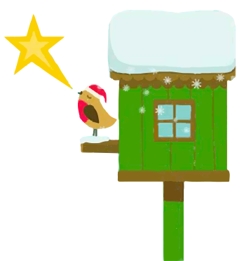 birdhouse Illustration of a green birdhouse with a bird wearing a Santa hat