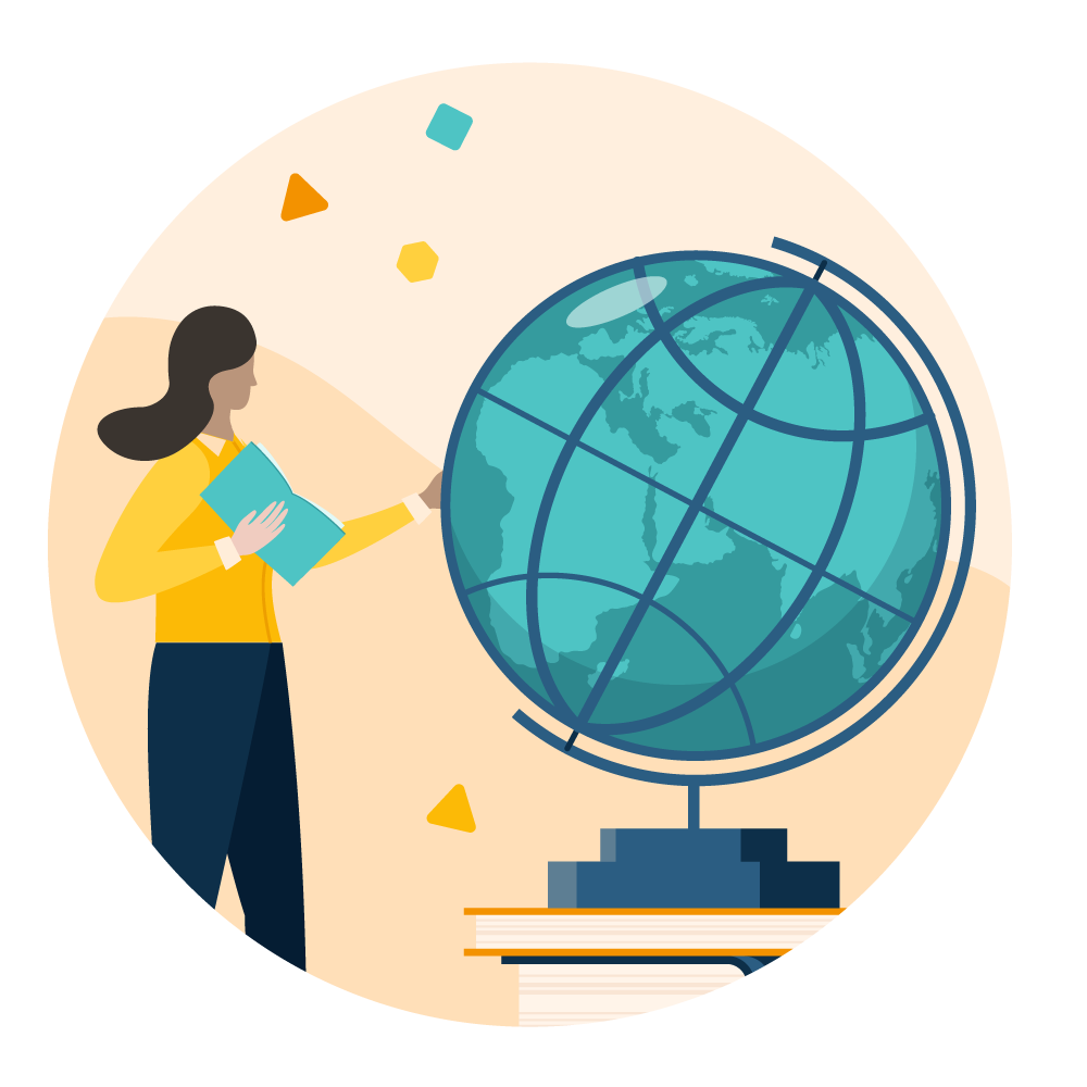 Illustration of a woman with a book in her hand, looking at an oversized globe