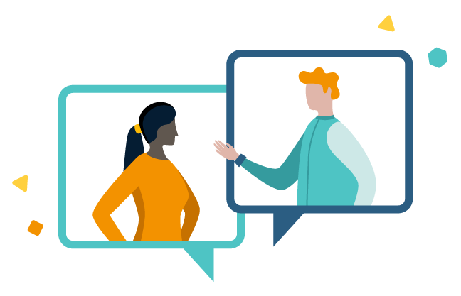 Illustration of two speech bubbles. There are illustrations of people within the bubbles, having a conversation with each other