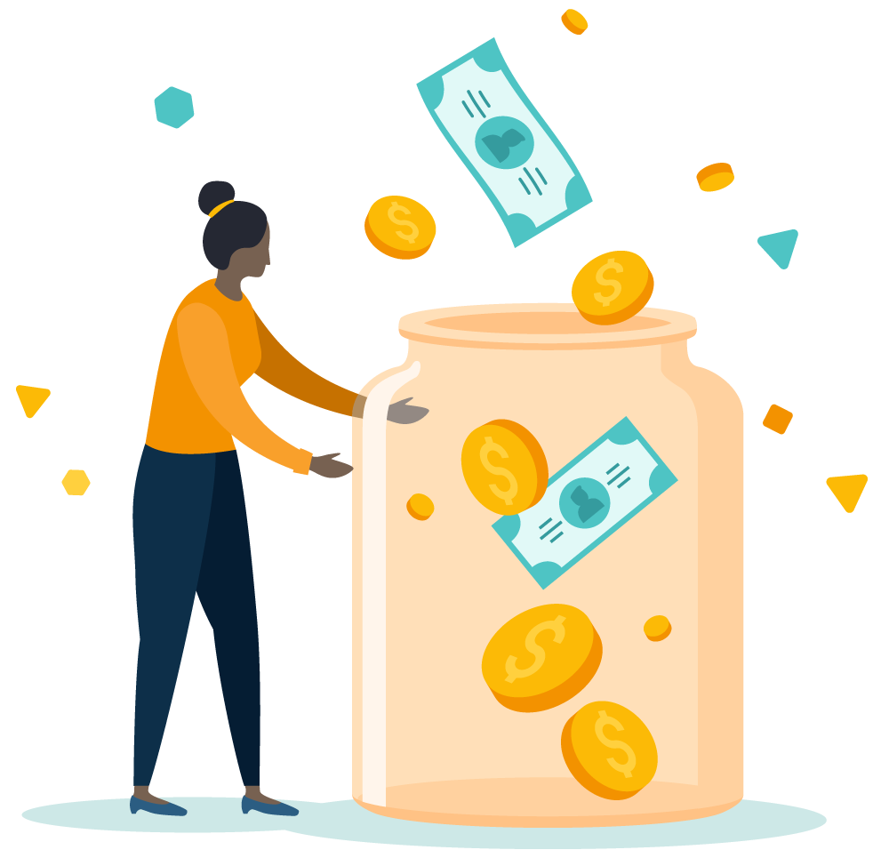 Illustration of a woman with an oversized jar with large coins and money bills flying into it