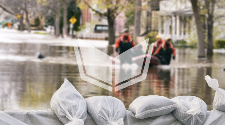 A flooded street in the background and a wall of sandbags in the foreground