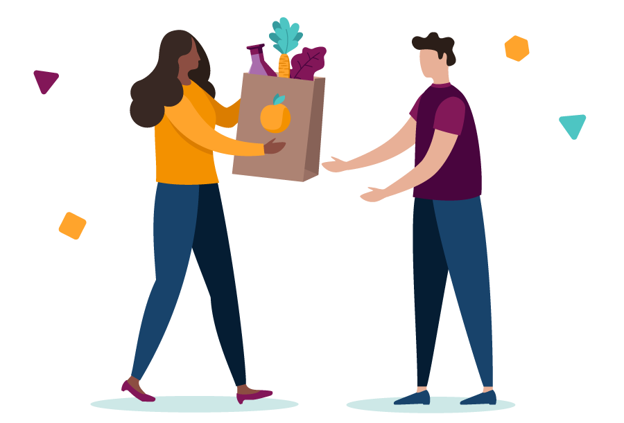 Illustration of a person handing a bag of groceries to another person