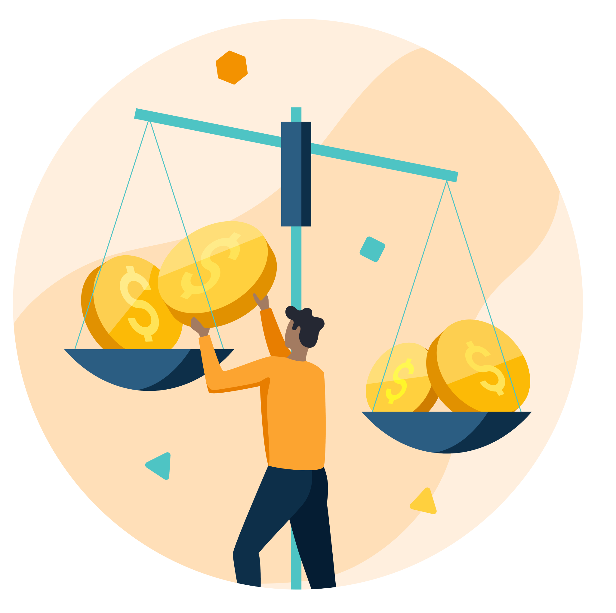 Illustration of a person placing an oversized coin into an oversized scale to balance it