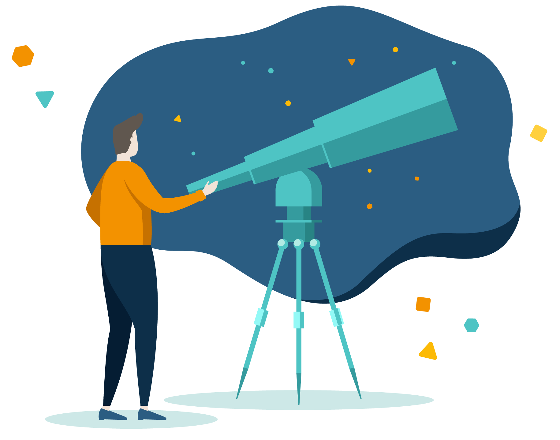 Illustration of a man looking through a telescope at a blue sky